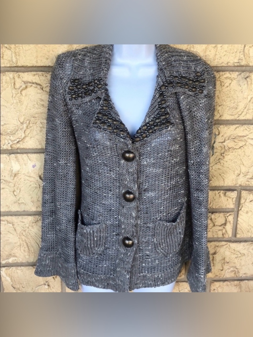 BCBGMaxazria Gray Beaded Dress Coat Small Sweater